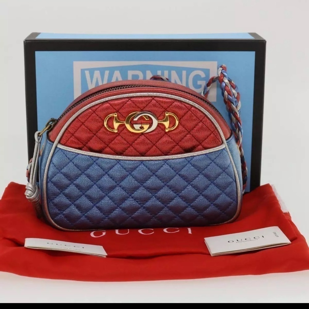 🔥GUCCI Horse Bit Pochette Shoulder Bag Lamb Skin Red Blue 534951 Auth jk…